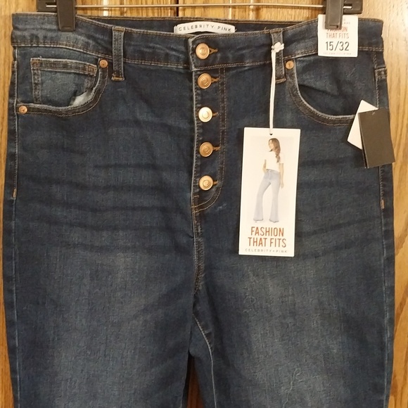Celebrity Pink Denim - Celebrity Pink NWT Women's Exposed Button Flare Denim Jeans Size 15/32 Dark Wash